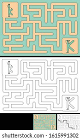 Easy alphabet maze for kids with a solution - worksheet for learning alphabet - recognizing letter K