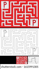 Easy alphabet maze for kids with a solution - worksheet for learning alphabet - recognizing letter P