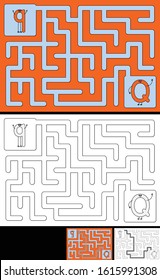 Easy alphabet maze for kids with a solution - worksheet for learning alphabet - recognizing letter Q