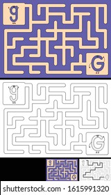 Easy alphabet maze for kids with a solution - worksheet for learning alphabet - recognizing letter G