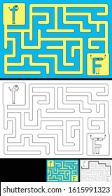 Easy alphabet maze for kids with a solution - worksheet for learning alphabet - recognizing letter F