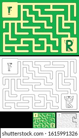 Easy alphabet maze for kids with a solution - worksheet for learning alphabet - recognizing letter R