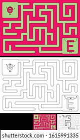 Easy alphabet maze for kids with a solution - worksheet for learning alphabet - recognizing letter E