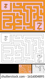 Easy alphabet maze for kids with a solution - worksheet for learning alphabet - recognizing letter Z