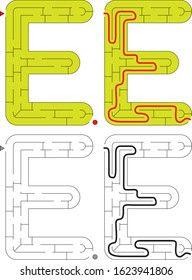 Easy alphabet maze for kids with a solution - worksheet for learning alphabet - recognizing letter E