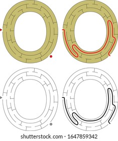 Easy alphabet maze for kids with a solution - worksheet for learning alphabet - recognizing letter O