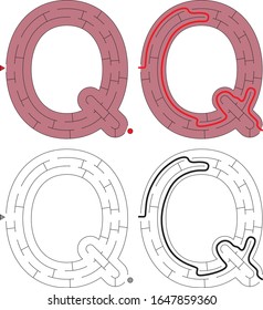 Easy alphabet maze for kids with a solution - worksheet for learning alphabet - recognizing letter Q