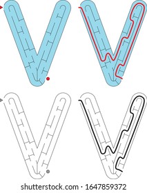 Easy alphabet maze for kids with a solution - worksheet for learning alphabet - recognizing letter V
