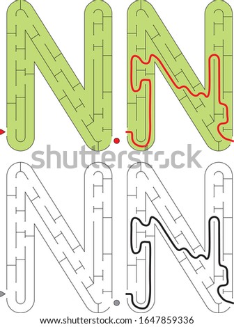 Easy alphabet maze for kids with a solution - worksheet for learning alphabet - recognizing letter N