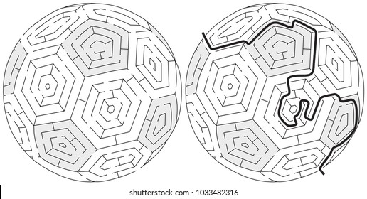 Easy ball maze for kids with a solution in black and white