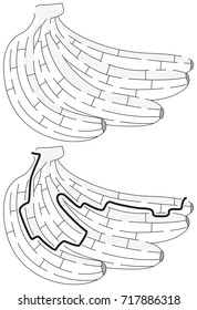 Easy banana maze for younger kids with a solution in black and white