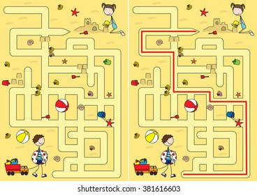 Easy beach maze for kids with a solution