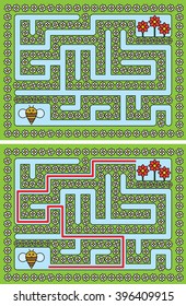 Easy bee maze for younger kids with a solution