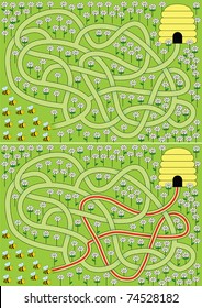 Easy bees maze for kids with solution