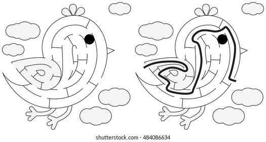 Easy bird maze for younger kids with a solution in black and white