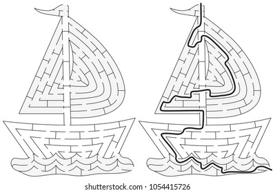 Easy boat maze for younger kids with a solution in black and white