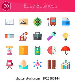 easy business icon set. 20 flat icons on theme easy business. collection of bus stop, psd, suitcase, elixir, ticket, data, upload, umbrella, like, idea, artificial intelligence, line chart