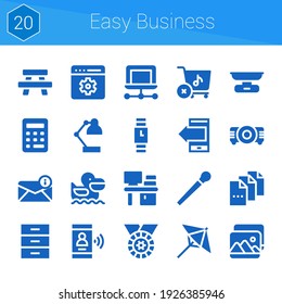 easy business icon set. 20 filled icons on theme easy business. collection of Projector, Laptop, Email, Table, Desk lamp, Wristwatch, Cabinet, Setting, Store, Scale, Pelican