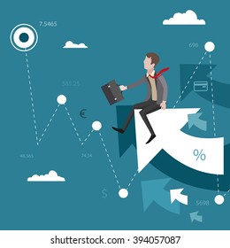 Easy business success. Businessman with a briefcase sitting on the abstract arrows. Business concept