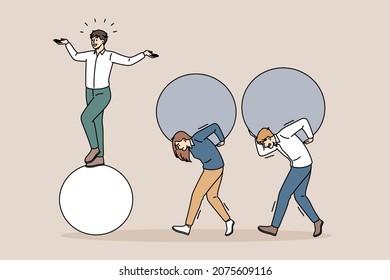 Easy business and tiredness concept. Young smiling happy confident businessman standing on ball while his colleagues carrying heavy balls on backs vector illustration 