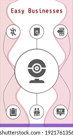easy businesses editable infographic template with icons of Locked, Hugging, Webcam, Run, Clipboard, Hd, Smartphone
