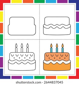Easy Cake Drawing for Kids Fun Coloring Page Tutorial
