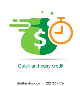 Easy Cash Loan, Fast Money, Clock And Bag, Quick Credit, Payment Period, Budget Planning, Fund Raising, Financial Security, Deposit Insurance Vector Icon, Flat Illustration