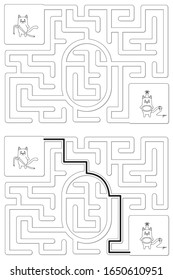 Easy cat maze for kids with a solution - worksheet for learning numbers - recognizing number 0