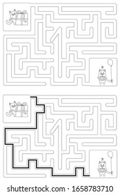 Easy cat maze for kids with a solution - worksheet for learning numbers - recognizing number 1