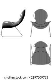 Easy Chair isolated lines on white background, vector illustration. Front, side, top view. Set of different views of modern easy chair