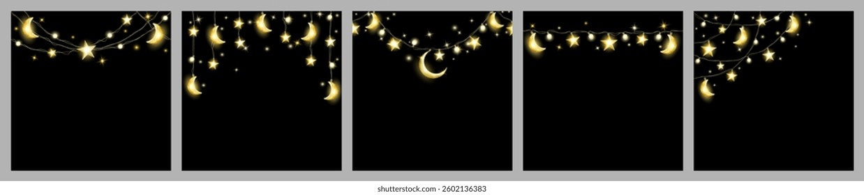 Easy to change background color. Ramadan and Al Adha islamic decoration. Stars and crescents lights. Muslim holidays garland. Night sky moon frame. Square format for social media.