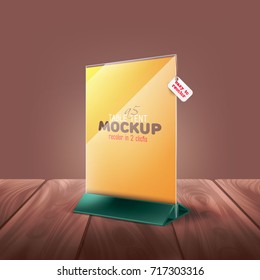 Easy to change color table tent (tabe stand, menu, card, advertising) mockup standing on realistic wooden table top. Restaurant, cafe or bar menu board. A5 size. Vector illustration