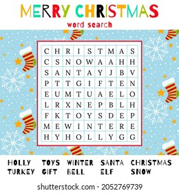 Easy Christmas word search puzzle. Winter holiday crossword. Printable worksheet for learning English. Educational game. Find 16 hidden words. Pattern vector illustration.