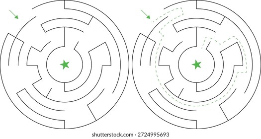 Easy circular maze labyrinth puzzle with solution. Simple round maze with entrance and exit, black line design on white background for kids and beginners, printable worksheet and logic puzzle