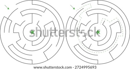 Easy circular maze labyrinth puzzle with solution. Simple round maze with entrance and exit, black line design on white background for kids and beginners, printable worksheet and logic puzzle