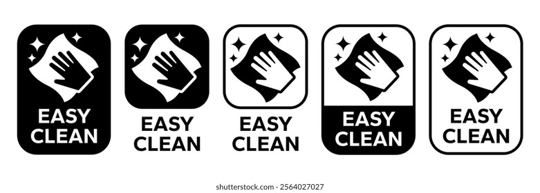 Easy clean icon set. Hand with napkin wiping a surface. Housekeeping symbol. Easy clean logo, label, badge, symbol, banner, circle, black, line, vector, isolated illustration. Cleaner service logo.