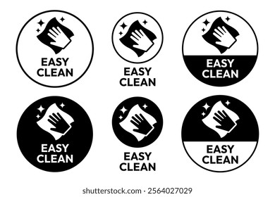 Easy clean icon set. Hand with napkin wiping a surface. Housekeeping symbol. Easy clean logo, label, badge, symbol, banner, circle, black, line, vector, isolated illustration. Cleaner service logo.