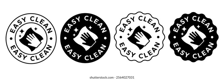 Easy clean icon set. Hand with napkin wiping a surface. Housekeeping symbol. Easy clean logo, label, badge, symbol, banner, circle, black, line, vector, isolated illustration. Cleaner service logo.