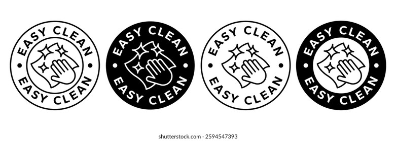 Easy clean icon set. Hand with napkin wiping a surface. Housekeeping symbol. Easy clean logo, label, badge, symbol, banner, circle, black, line, vector, isolated illustration. Cleaner service logo.