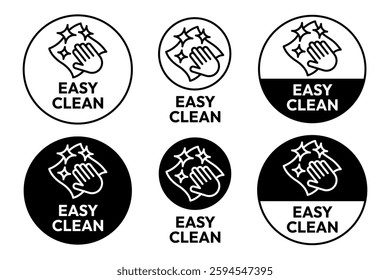 Easy clean icon set. Hand with napkin wiping a surface. Housekeeping symbol. Easy clean logo, label, badge, symbol, banner, circle, black, line, vector, isolated illustration. Cleaner service logo.