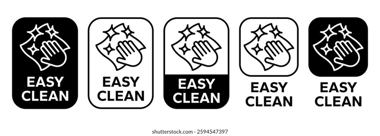 Easy clean icon set. Hand with napkin wiping a surface. Housekeeping symbol. Easy clean logo, label, badge, symbol, banner, circle, black, line, vector, isolated illustration. Cleaner service logo.