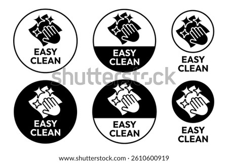 Easy clean icon set. Hand with napkin wiping a surface. Housekeeping symbol. Easy clean logo, label, badge, symbol, banner, circle, black, line, vector, isolated illustration. Cleaner service logo.