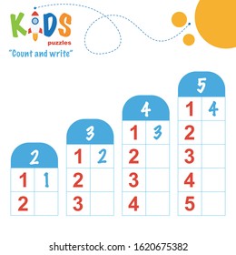 Easy colorful math count and write worksheet practice for preschool and elementary school kids.