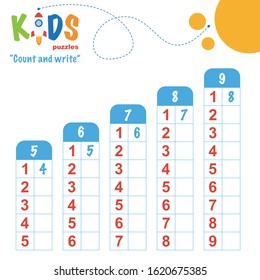 Easy colorful math count and write worksheet practice for preschool and elementary school kids.