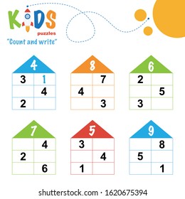 Easy Colorful Math Count And Write Worksheet Practice For Preschool And Elementary School Kids.