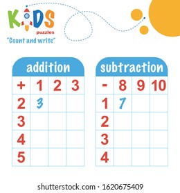 Easy Colorful Math Count And Write Worksheet Practice For Preschool And Elementary School Kids.