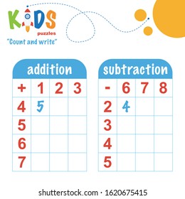 Easy colorful math count and write worksheet practice for preschool and elementary school kids.