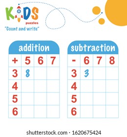 Easy colorful math count and write worksheet practice for preschool and elementary school kids.