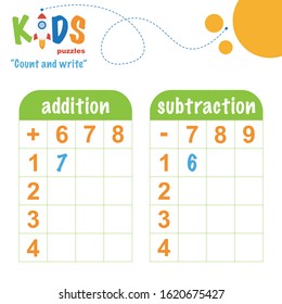 Easy colorful math count and write worksheet practice for preschool and elementary school kids.