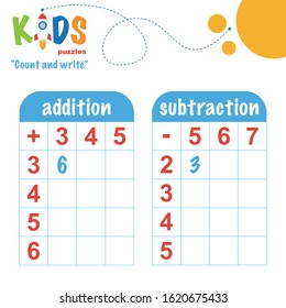 Easy colorful math count and write worksheet practice for preschool and elementary school kids.
